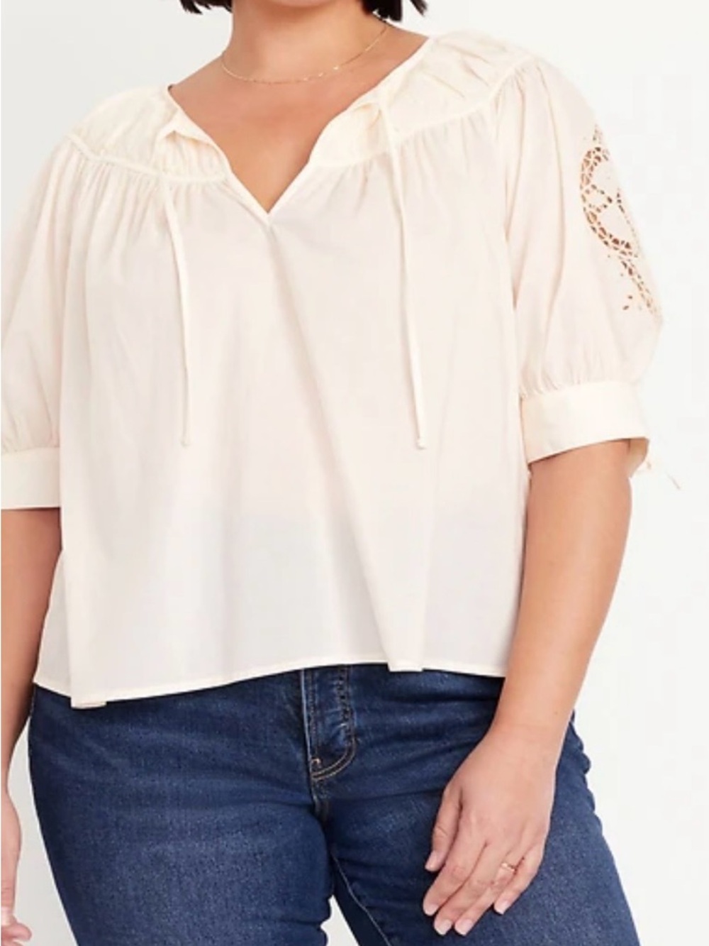 Women's Cream Peasant Blouse with Lace Sleeve